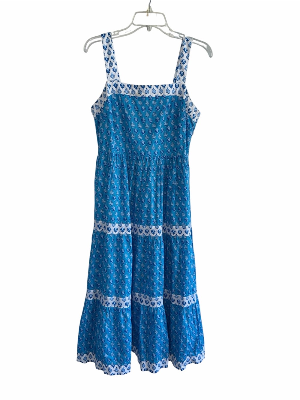 J. Crew Block-print Squareneck Smocked Floral Tiered Midi Dress Size 6 - Picture 4 of 11